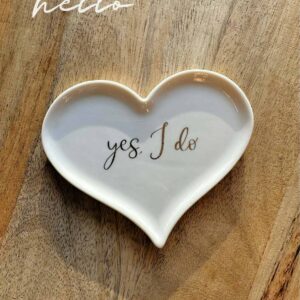 Porta-Alianças Base Coração para Casamento Rústico em Porcelana com mensagem "yes, i do"
